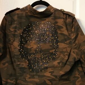 Lane Bryant Womens 14 Black Green‎ Camo Zip/Snap Rhinestone Jacket